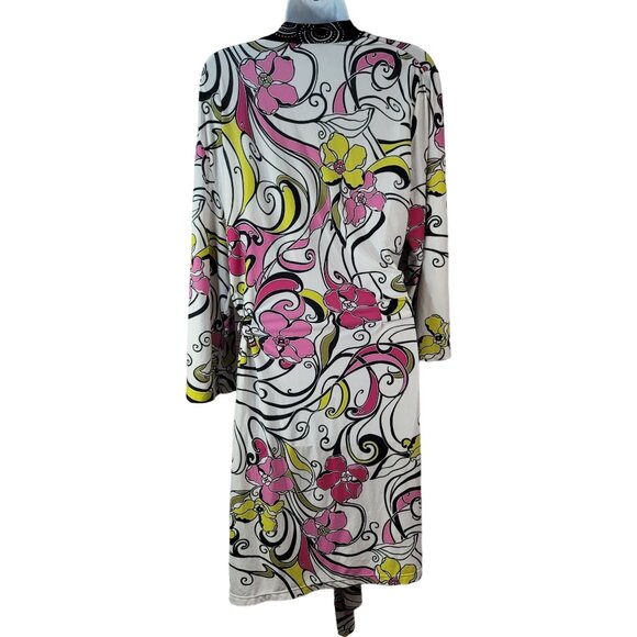 California Dynasty Dressing Gown Robe Black Pink Large XL Silky Belt Floral VTG - Picture 4 of 8